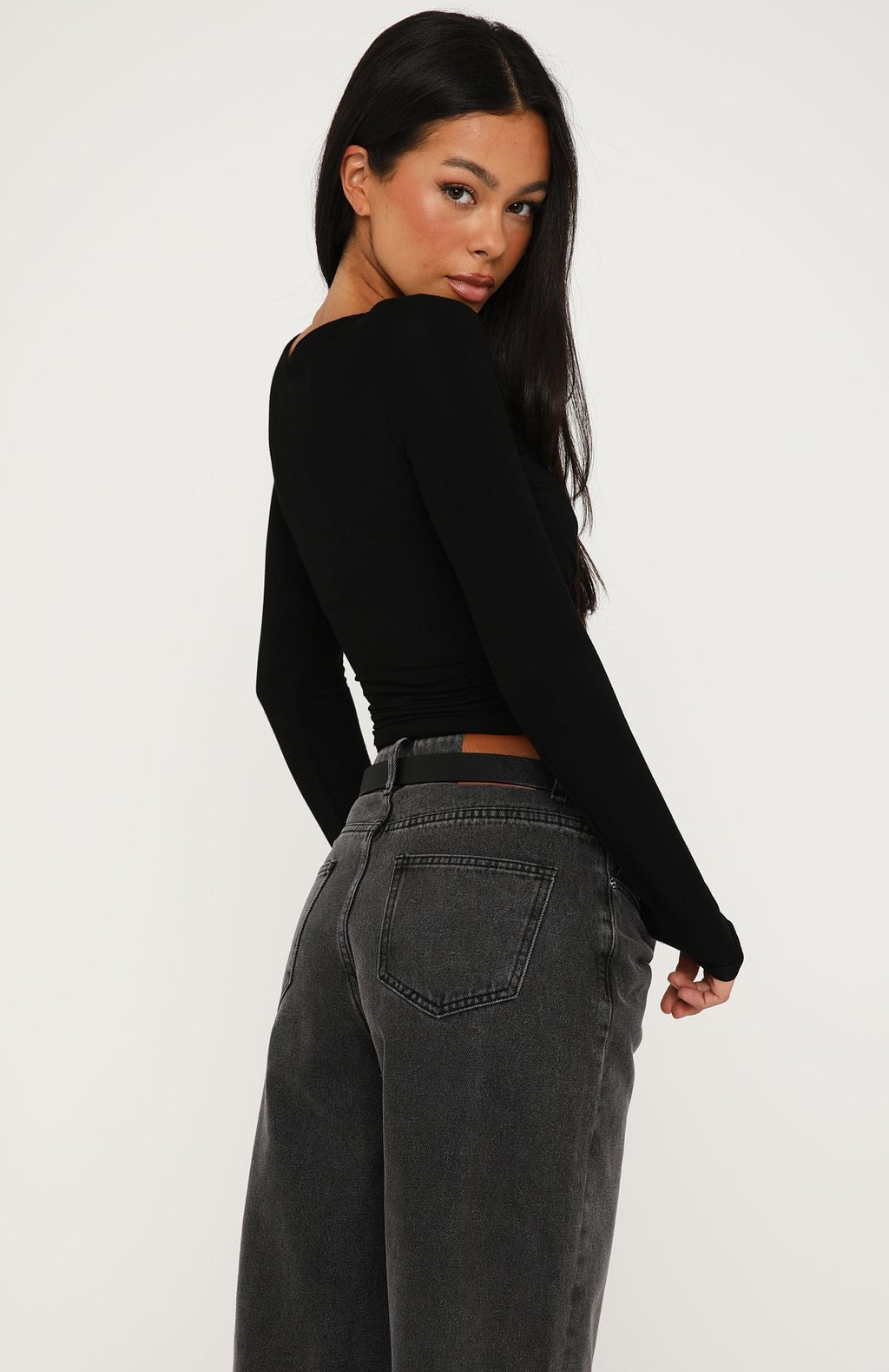 Sparks Fly Cinched Waist Off Shoulder Long Sleeve Top Black