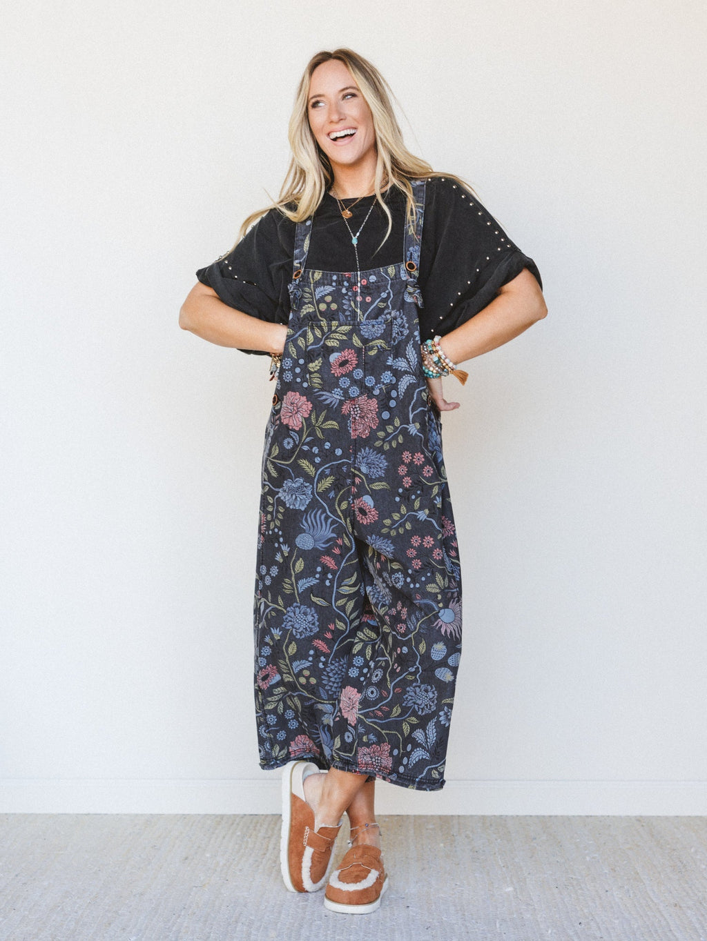 High Hopes Slouchy Denim Overalls - Floral Black Denim - Pre Order