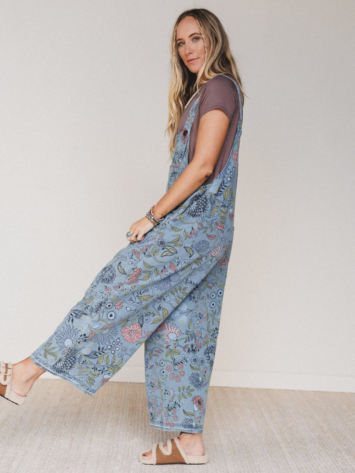 High Hopes Slouchy Denim Overalls - Floral Blue Denim - Pre Order