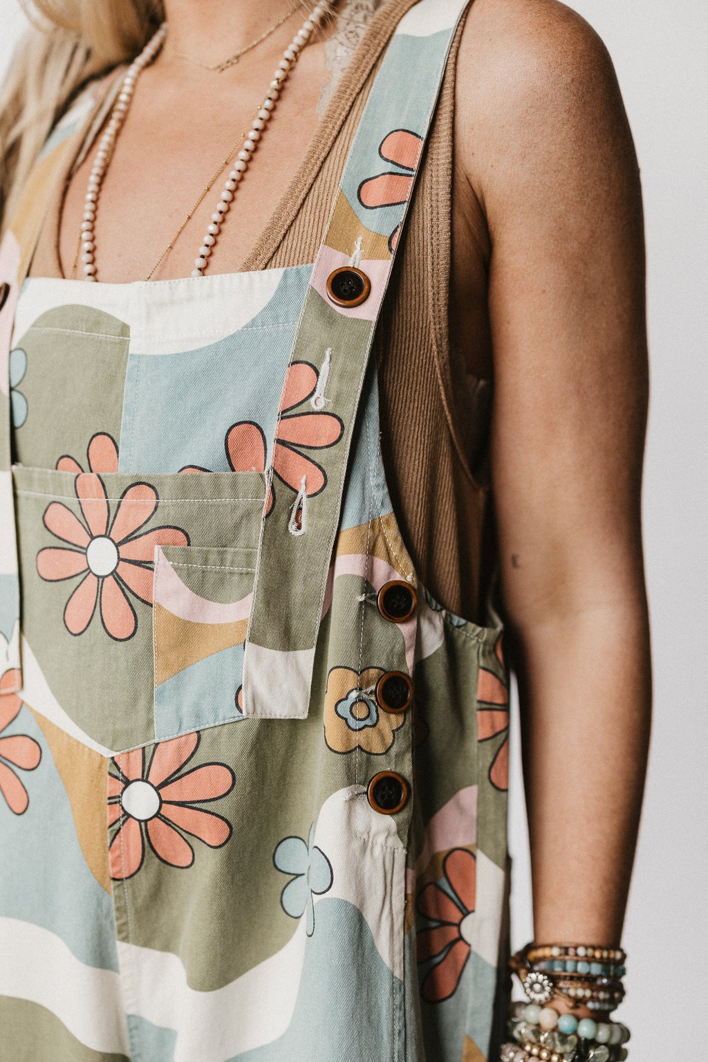 High Hopes Slouchy Denim Overalls - Olive Flower - Pre Order