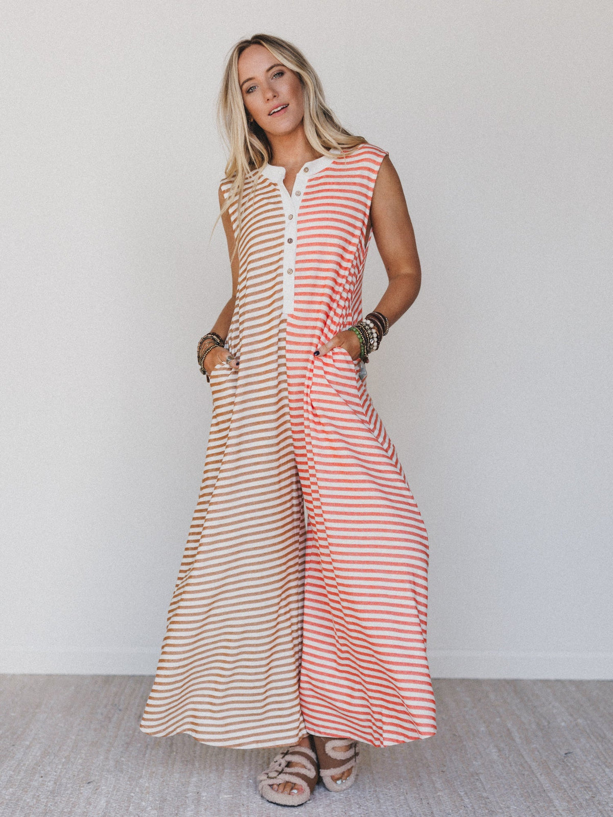 Daphne Striped Wide Leg Jumpsuit - Coral Multi - Pre Order