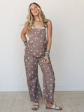 Polka Dot Denim Barrel Overalls - Brown