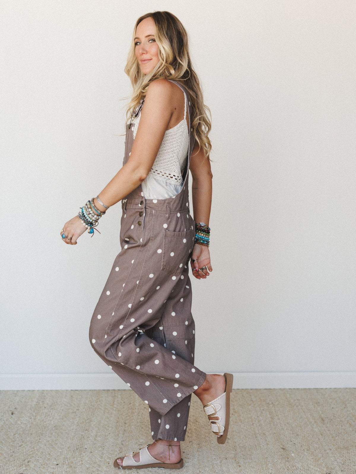 Polka Dot Denim Barrel Overalls - Brown