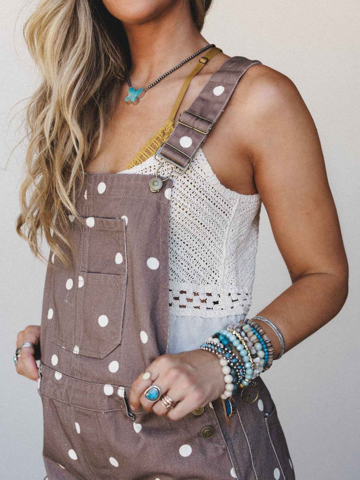 Polka Dot Denim Barrel Overalls - Brown