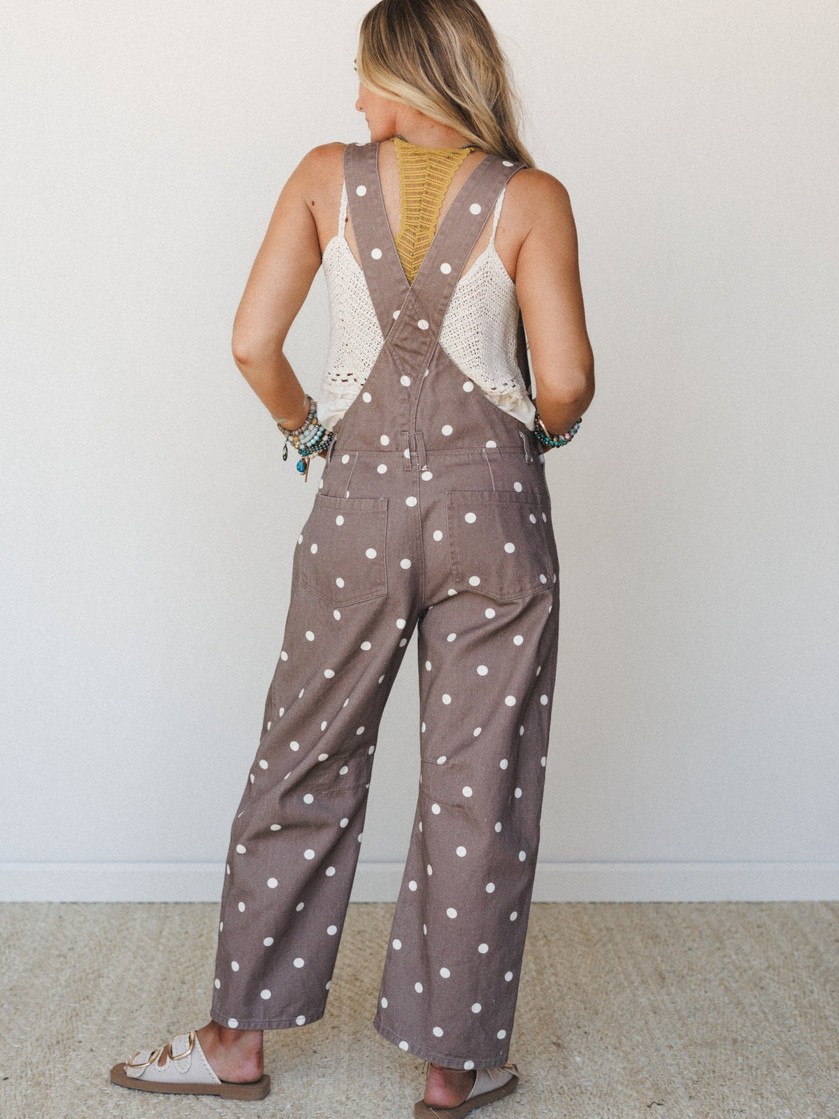 Polka Dot Denim Barrel Overalls - Brown