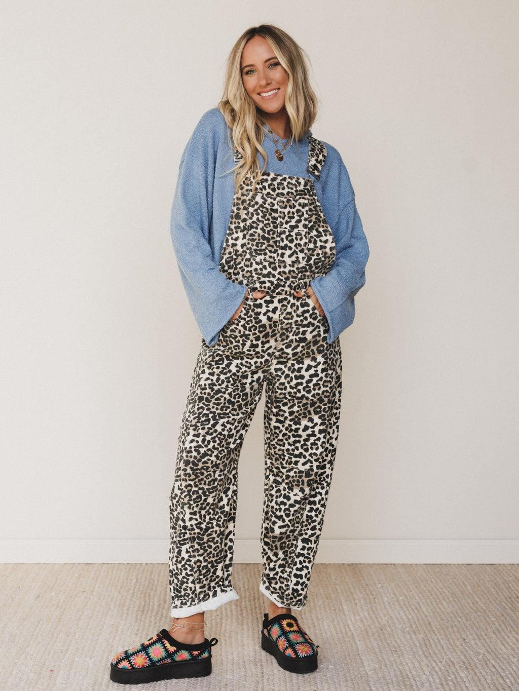 Sky Lines Denim Overalls - Leopard