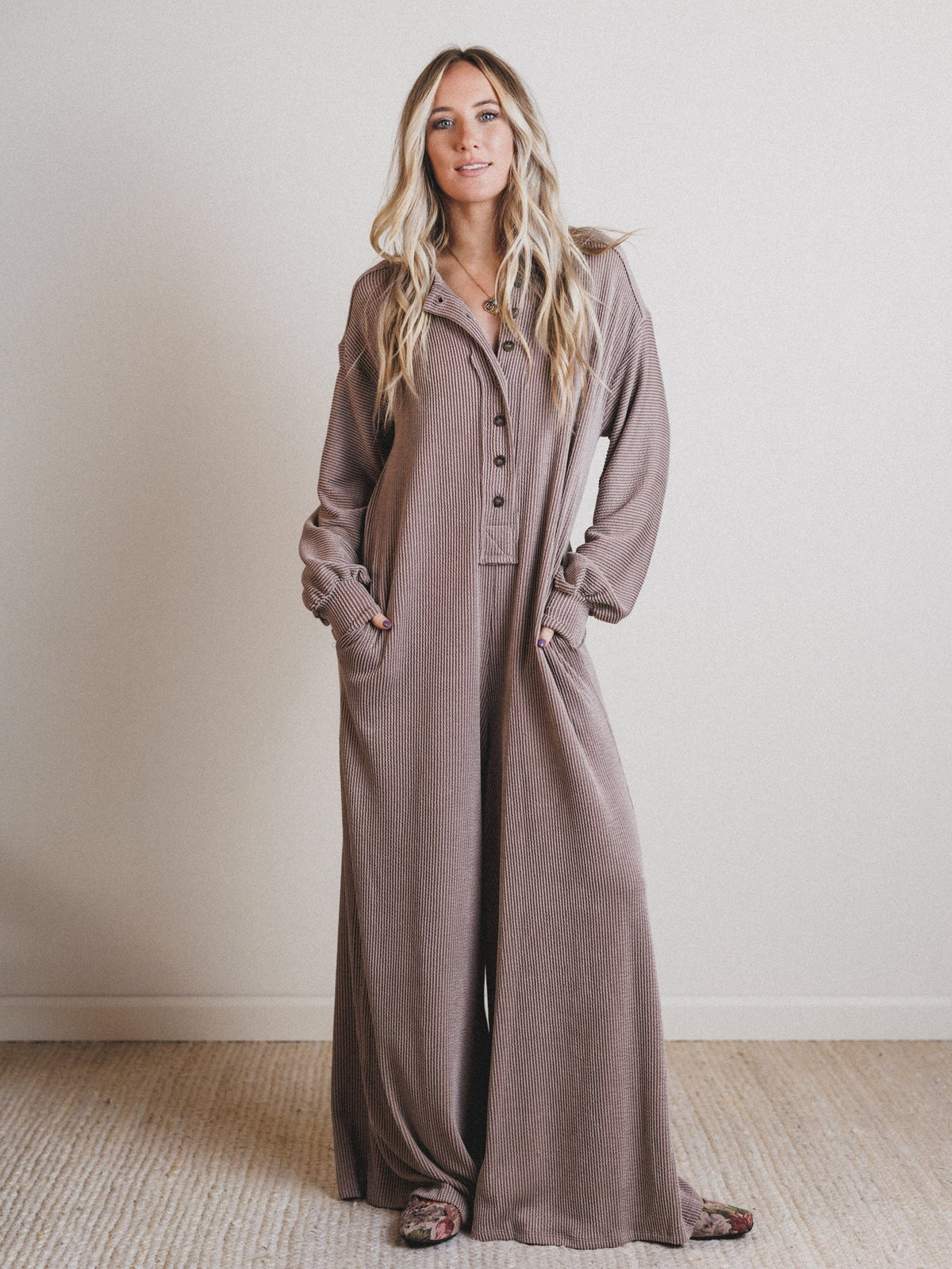 The Nest Daphne Textured Long Sleeve Jumpsuit - Acorn - Pre Order