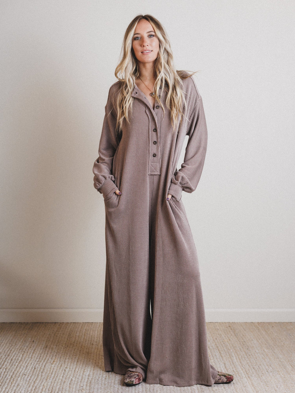 The Nest Daphne Textured Long Sleeve Jumpsuit - Acorn - Pre Order