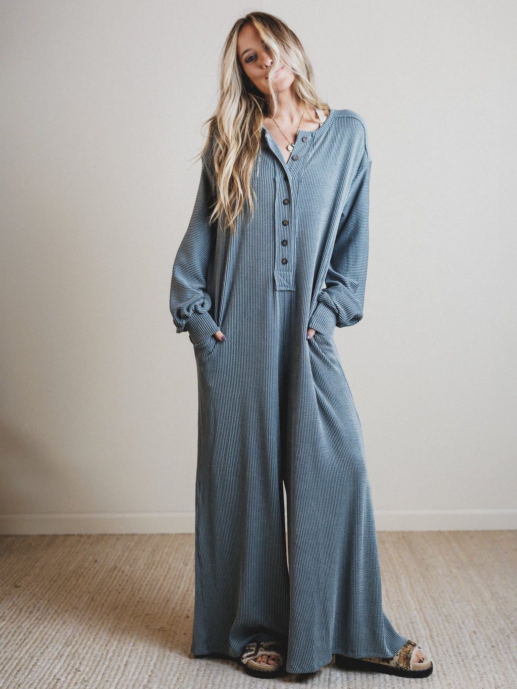 The Nest Daphne Textured Long Sleeve Jumpsuit - Seafoam - Pre Order