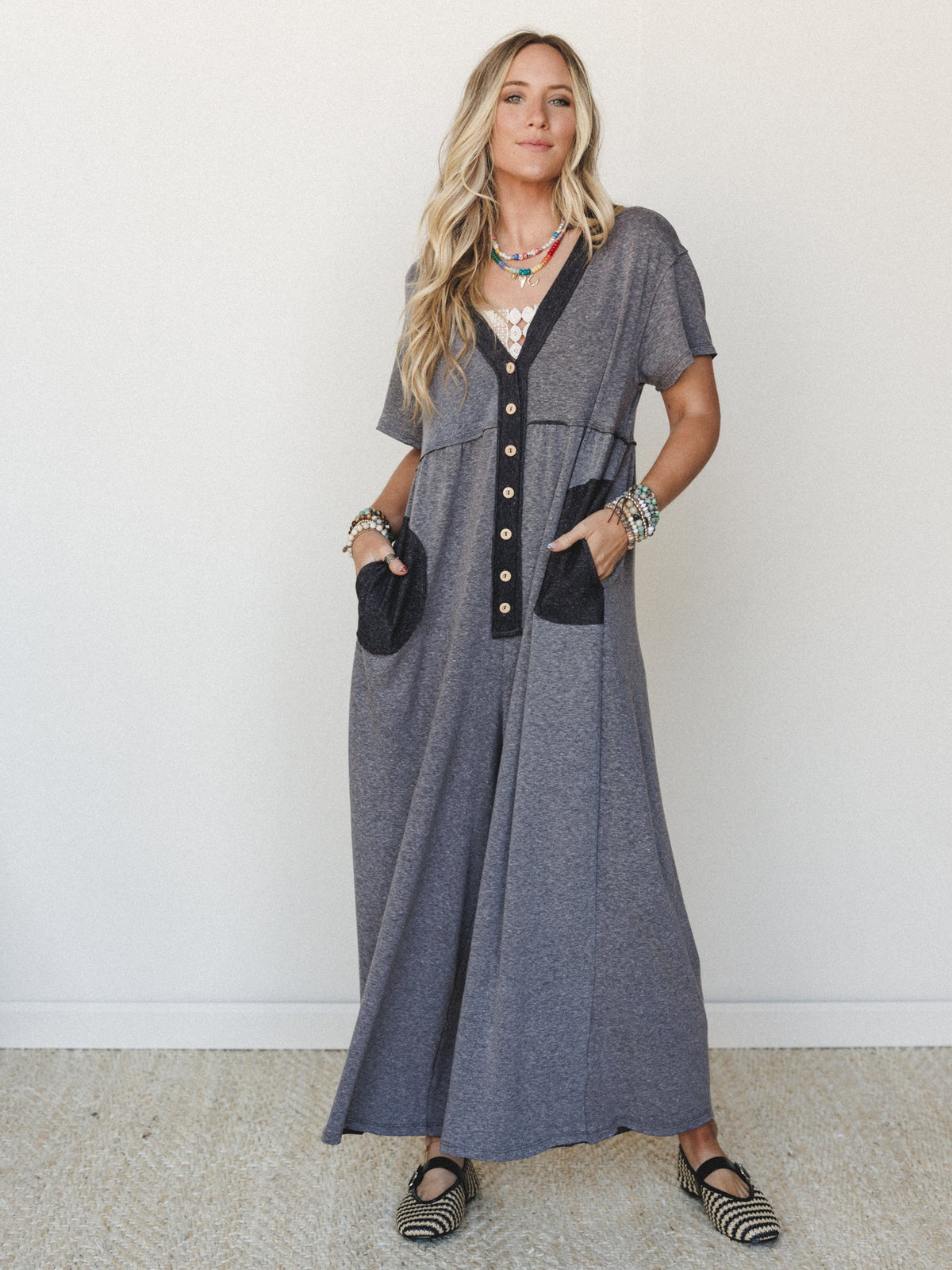The Nest Simple Ease Button Front Wide Leg Jumpsuit - Black