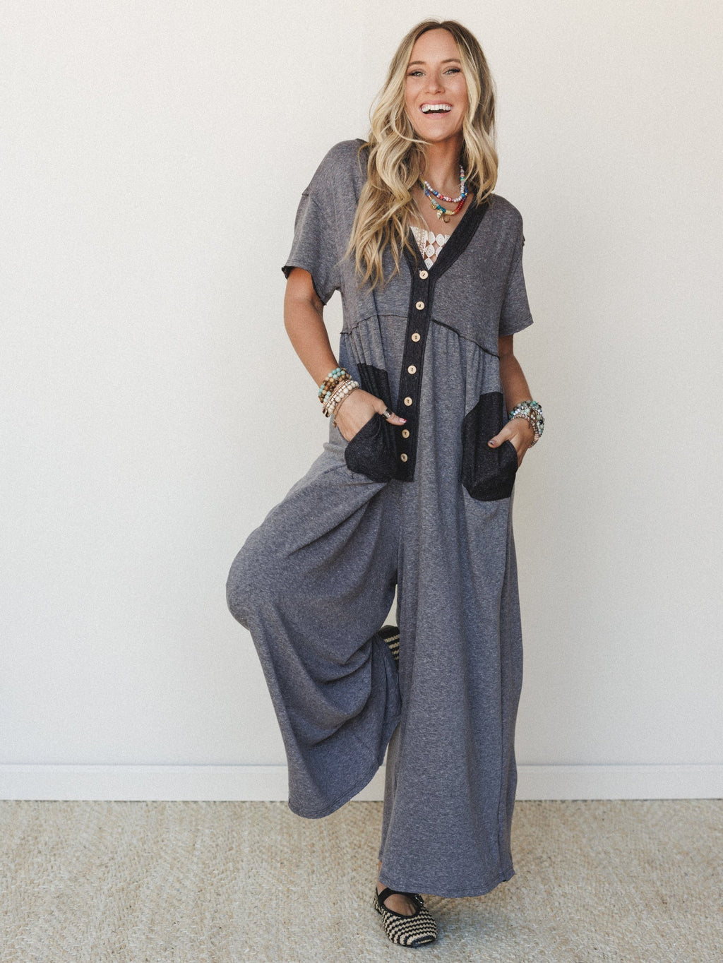 The Nest Simple Ease Button Front Wide Leg Jumpsuit - Black