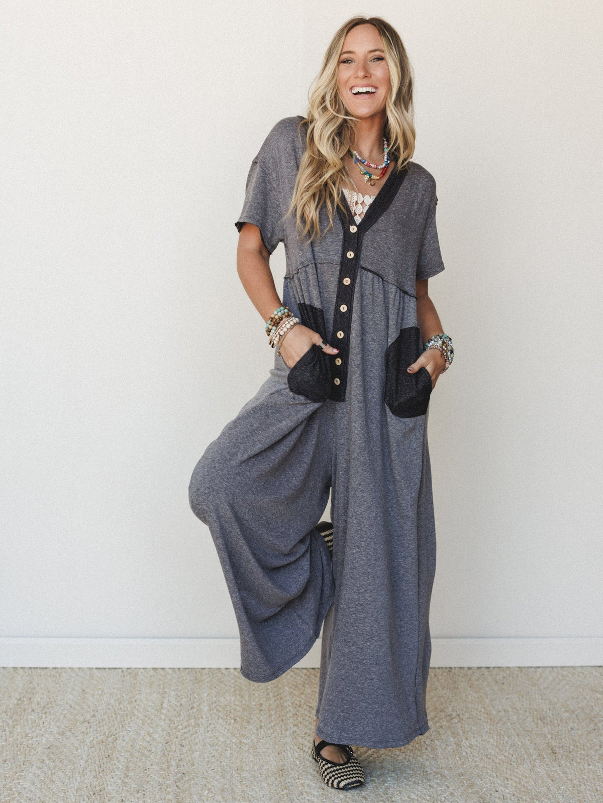 The Nest Simple Ease Button Front Wide Leg Jumpsuit - Black
