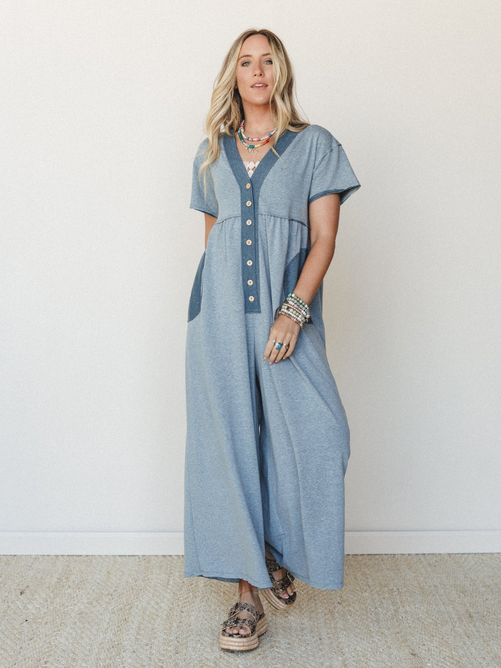 The Nest Simple Ease Button Front Wide Leg Jumpsuit - Teal