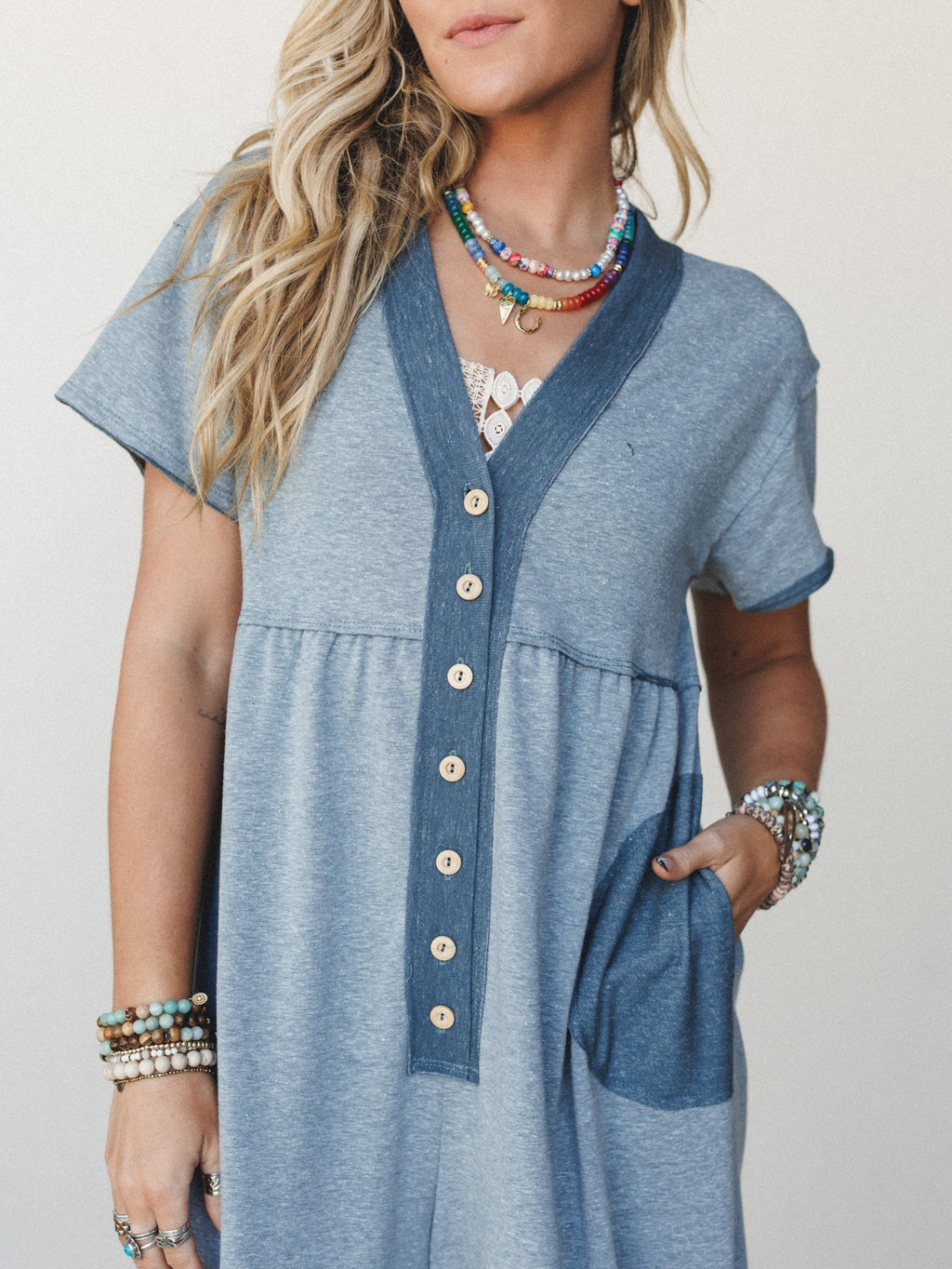 The Nest Simple Ease Button Front Wide Leg Jumpsuit - Teal