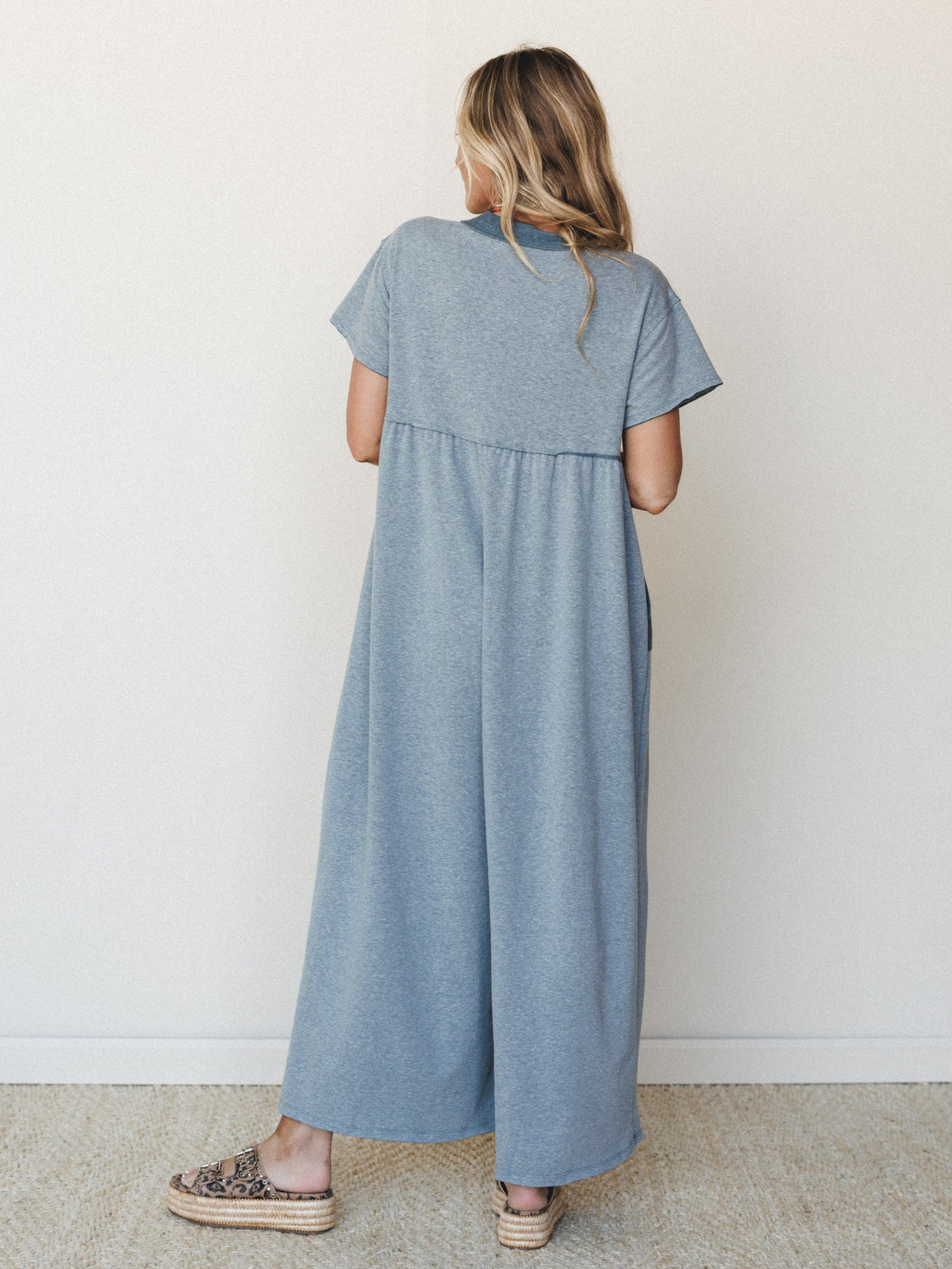 The Nest Simple Ease Button Front Wide Leg Jumpsuit - Teal