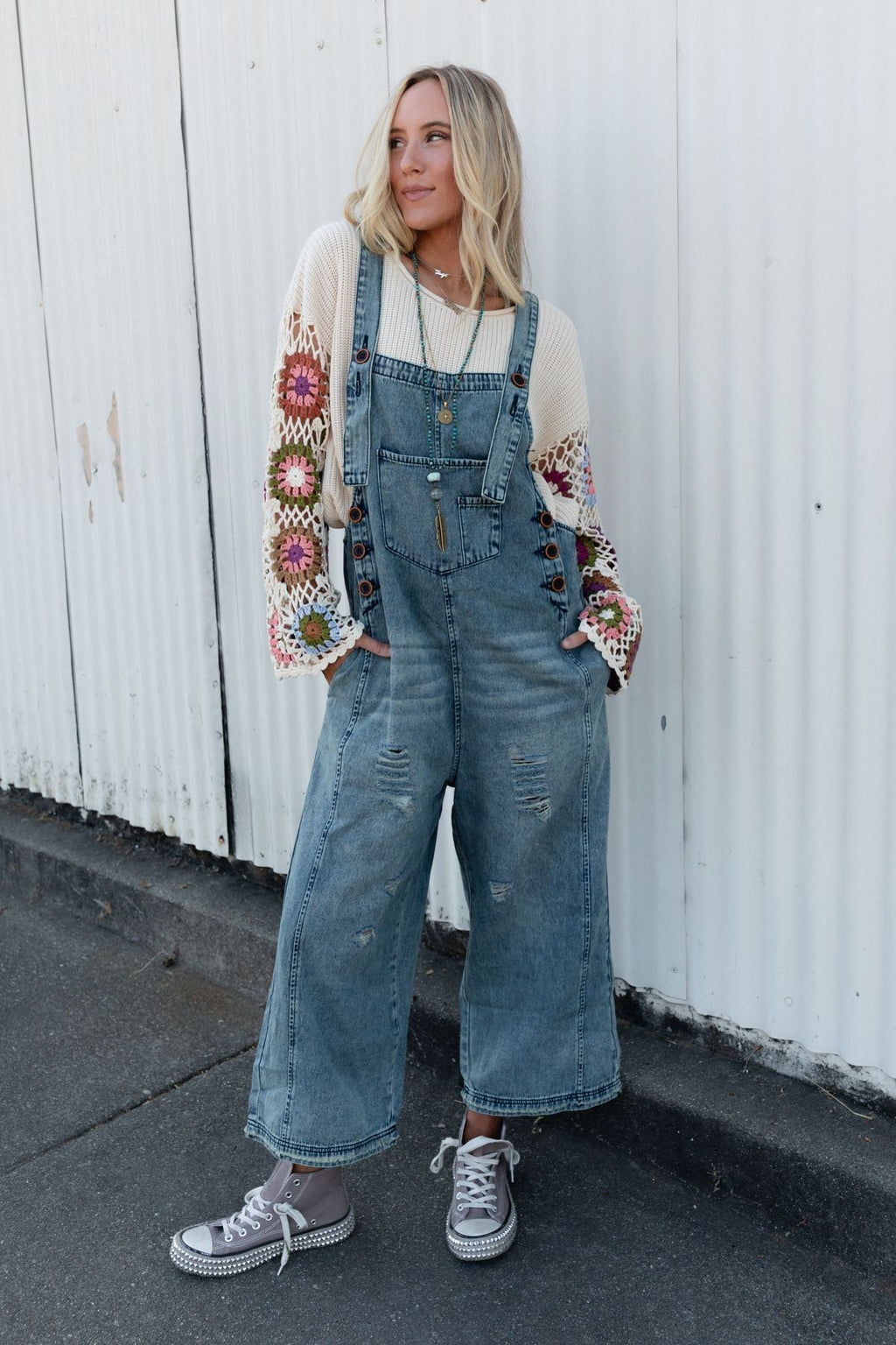 High Hopes Slouchy Pocket Denim Overalls - Faded Blue