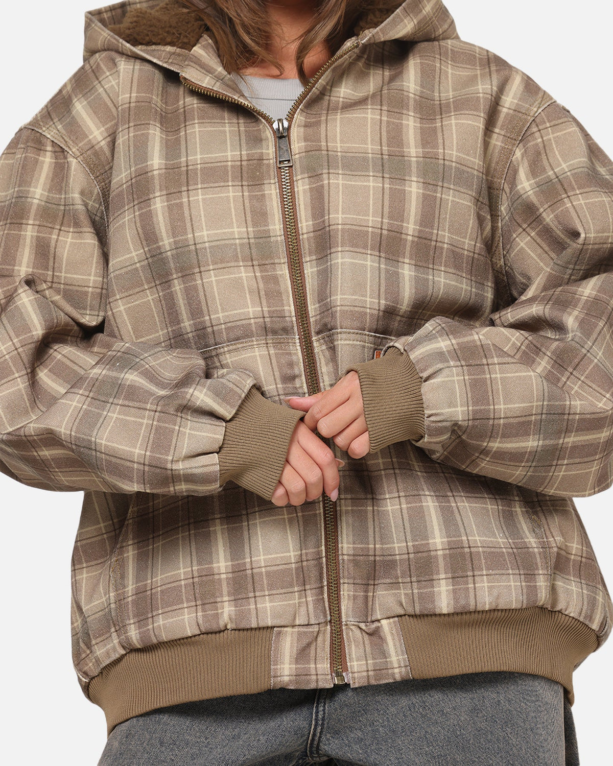 Carre Sherpa Lined Zip Hoodie Brown Plaid
