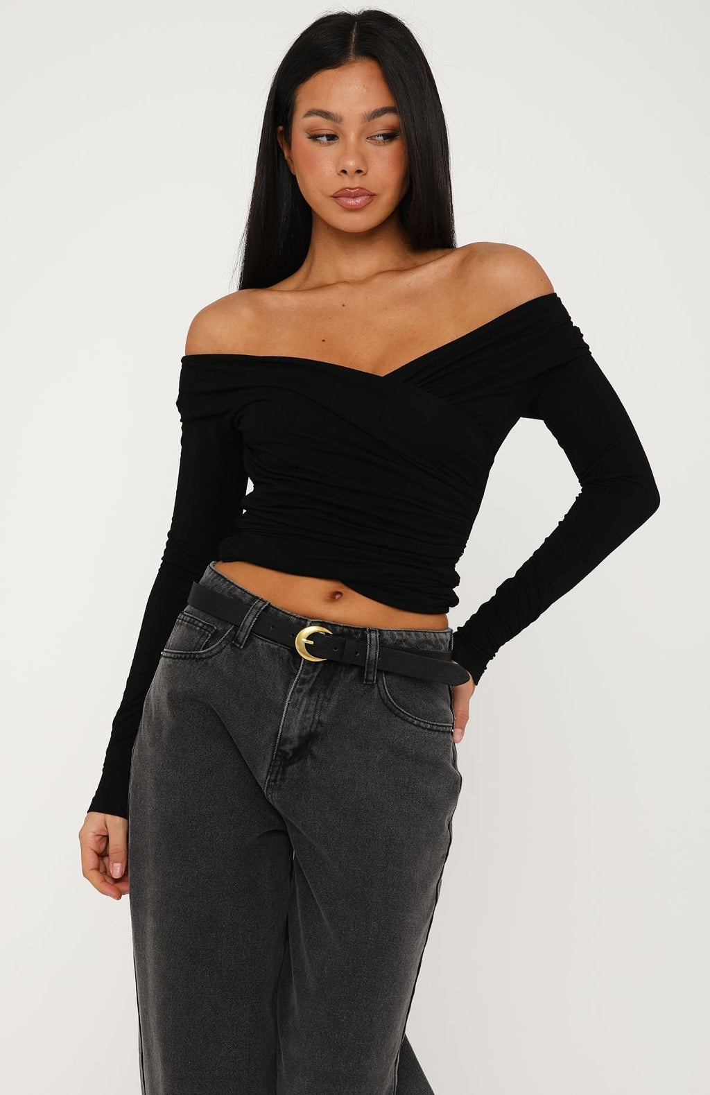 Sparks Fly Cinched Waist Off Shoulder Long Sleeve Top Black