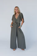 The Nest On Repeat Open Back Ruffle Jumpsuit - Light Olive - Pre Order