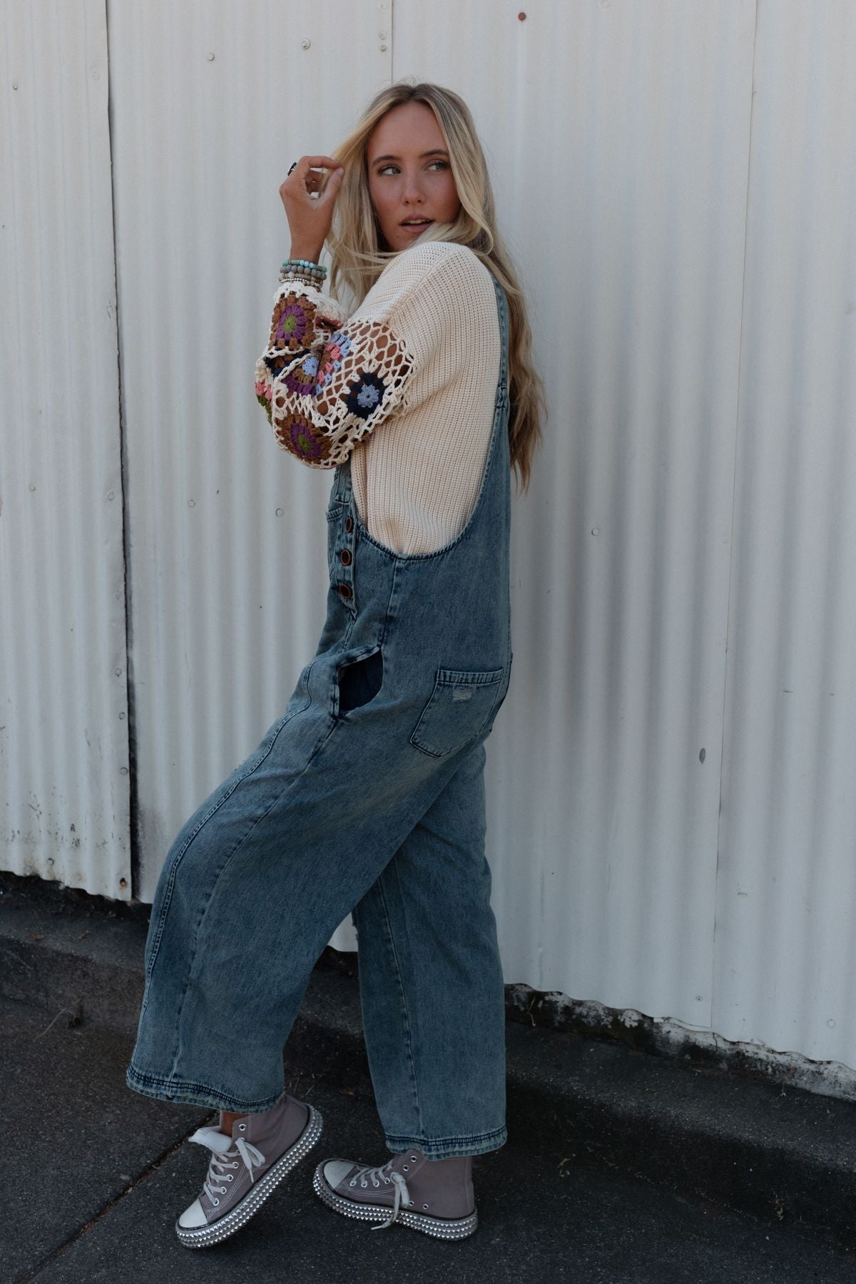 High Hopes Slouchy Pocket Denim Overalls - Faded Blue